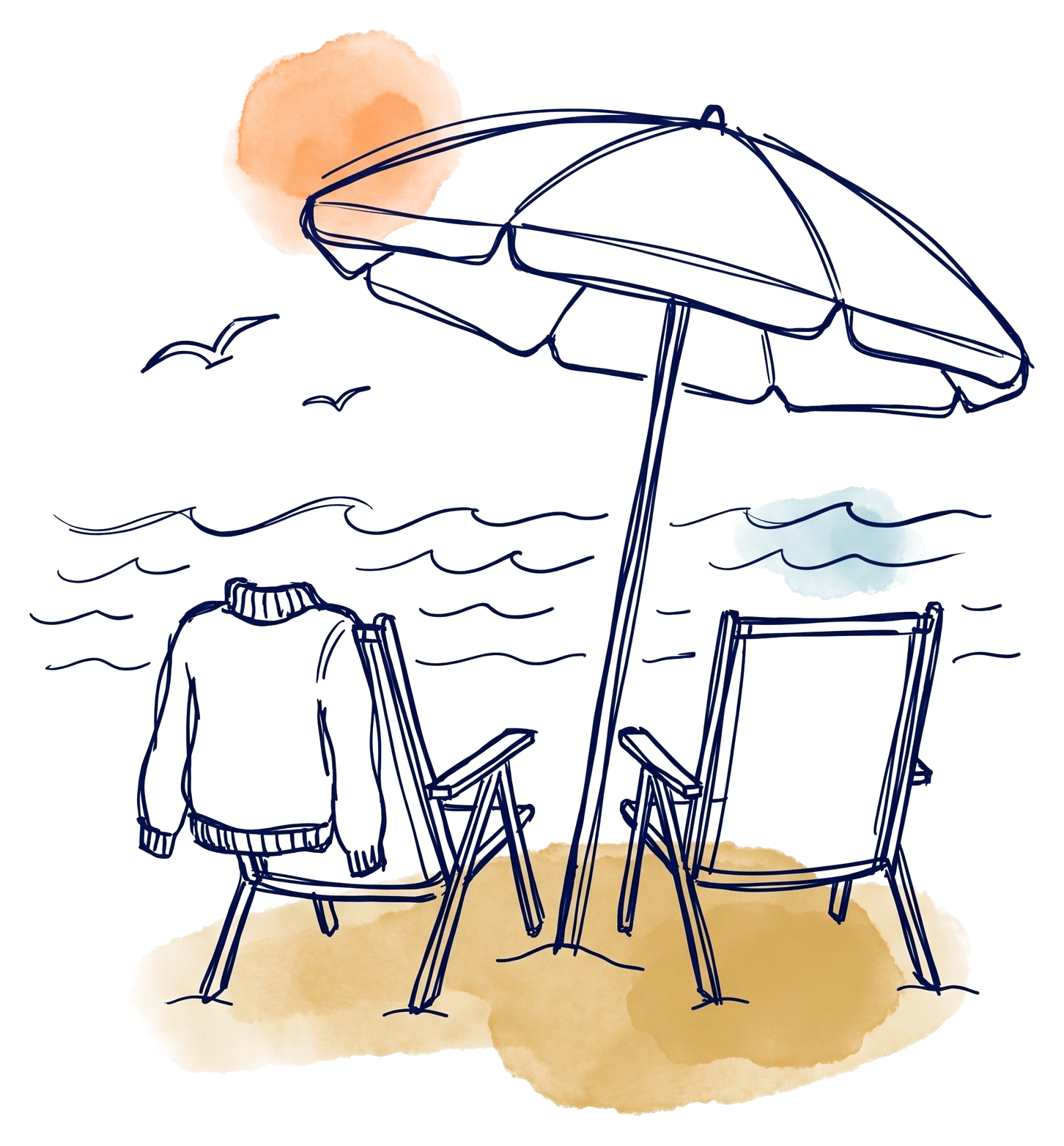 Hand-drawn sketch of two beach chairs under an umbrella on a quiet fall beach