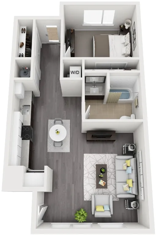 Unit E floor plan: one bedroom, one bath, open kitchen and living room, in-unit laundry