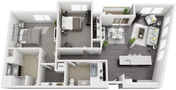 Unit C floor plan: two bedrooms, two baths, corner living room