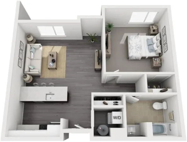 Unit A floor plan: one bedroom, one bath, open living and kitchen