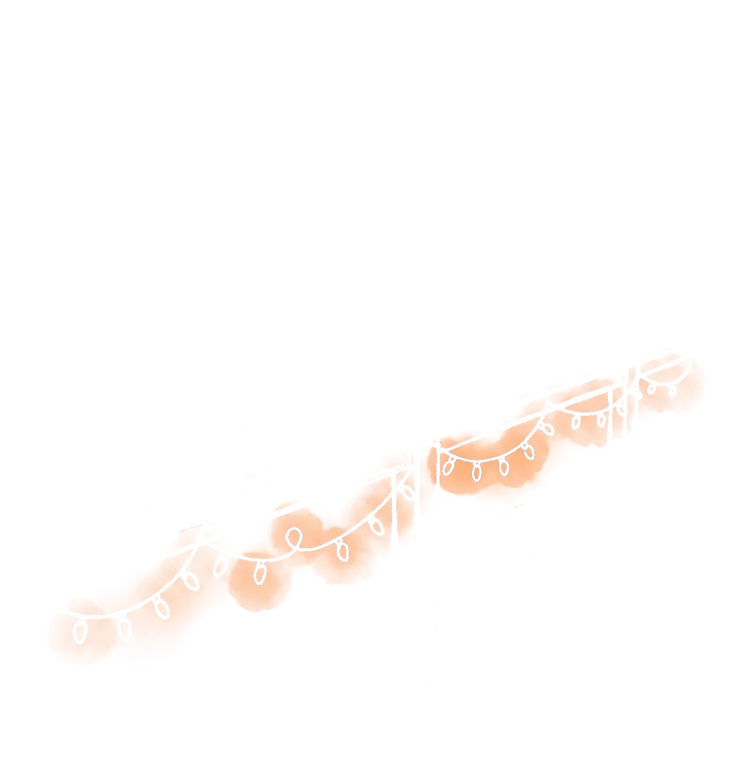 Hand-drawn sketch of two warm mugs on the boardwalk railing with holiday lights, and the lighthouse beyond