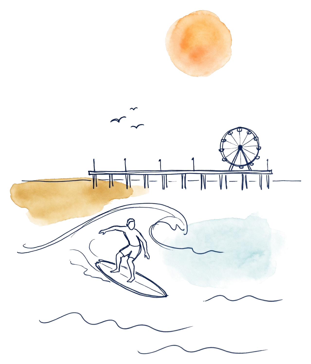 Hand-drawn sketch of a surfer on a summer wave, with the pier and Ferris wheel far in the distance